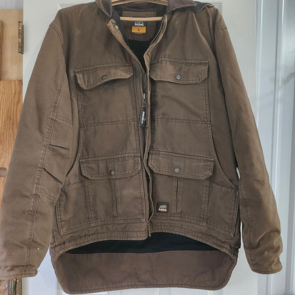 Berne Mens Brown Duck Canvas Fleece Lined Hooded Work Jacket Coat Size Large